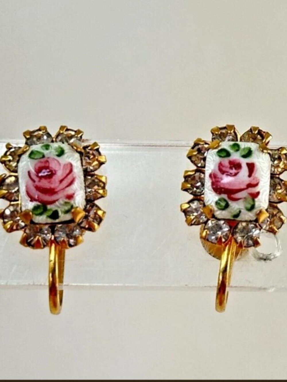 Guilloche Enamel Rose & Rhinestone Screw Back Earrings